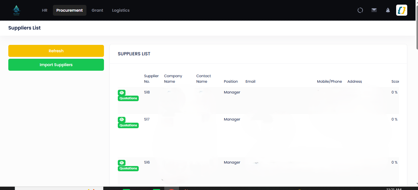 Suppliers list