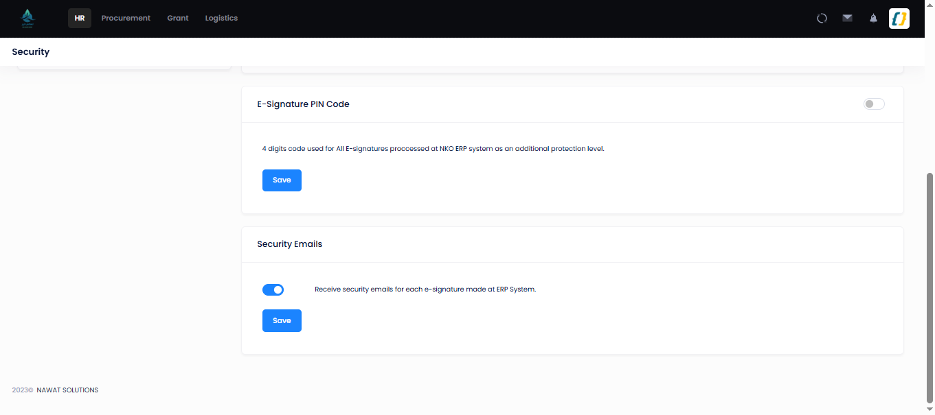 E-Signature PIN and security-email settings